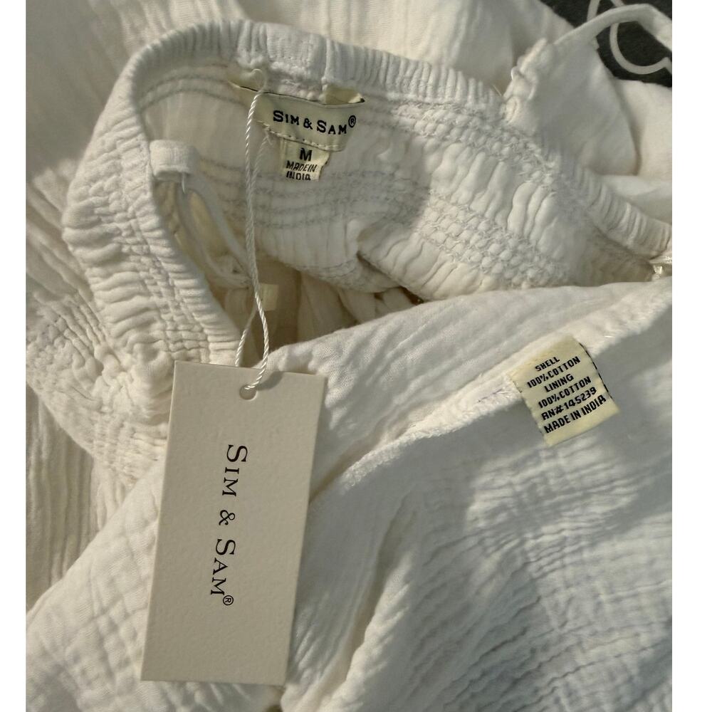 Sim & Sam White Cotton Dress Medium V-Neck Open Back Boho Cottagecore Summer - Picture 3 of 15
